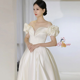 Ivory Satin Off the Shoulder Pleats Wedding Dress