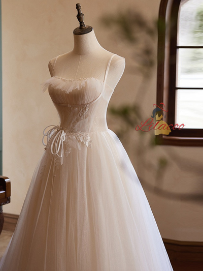 Champagne Tulle Pleats Straps Wedding Dress