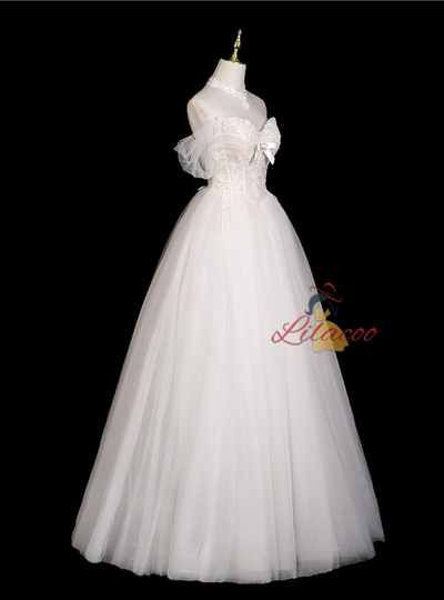 White Tulle Lace Off the Shoulder Wedding Dress