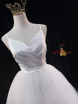 White Tulle Spaghetti Straps Pleats Wedding Dress