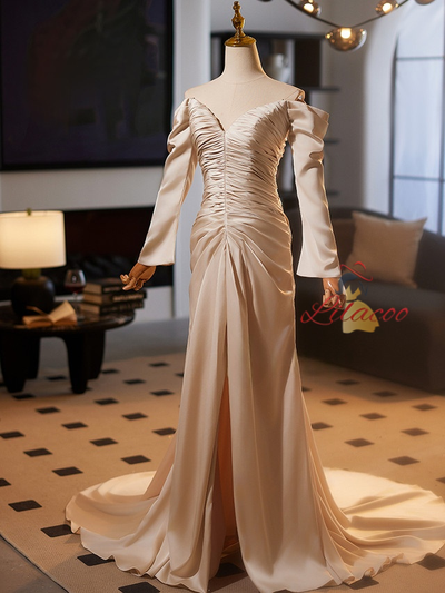 Champagne Mermaid Satin Pleats Wedding Dress