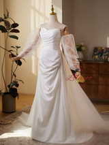 White Strapless Pleats Wedding Dress