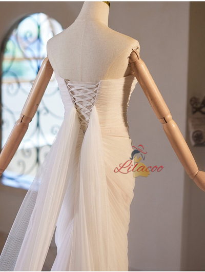 White Mermaid Tulle Pleats Wedding Dress