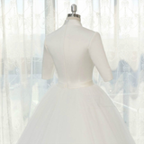 White Tulle Short Sleeve Wedding Dress With Bow