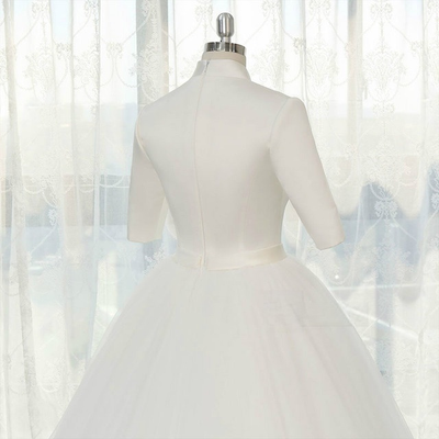 White Tulle Short Sleeve Wedding Dress With Bow