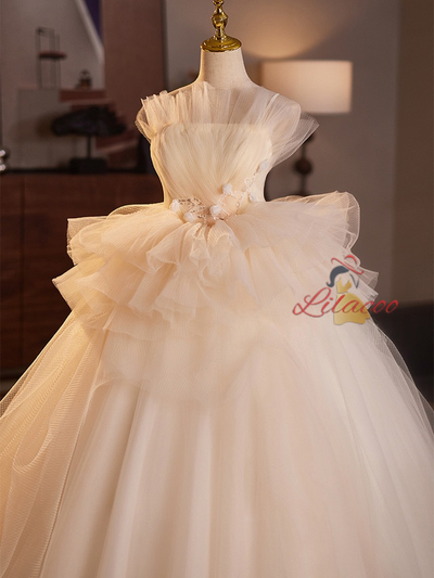 Champagne Tulle Appliques Wedding Dress