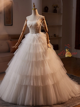 White Tulle Spaghetti Straps Tiers Beading Wedding Dress