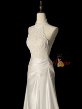White Satin Lace Halter Wedding Dress