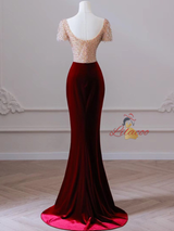 Burgundy Velvet Short Sleeve Beading Prom Dress