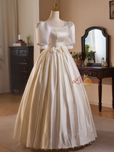 Ivory White Satin Short Sleeve Bow Wedding Dress