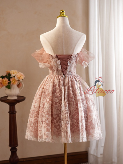 Pink Tulle Lace 3D Flower Homecoming Dress