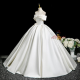 Beige White Satin Flower Pleats Wedding Dress