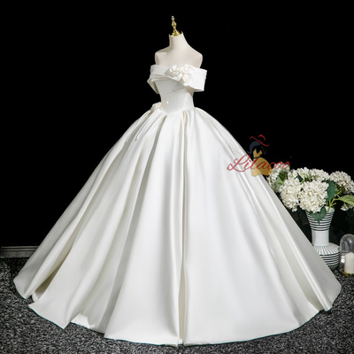 Beige White Satin Flower Pleats Wedding Dress