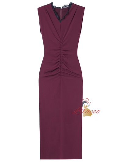 Burgundy V-neck Lace Mother Of The Bride Dress