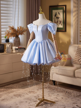 Blue Satin Beading Homecoming Dress