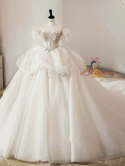 White Tulle Off the Shoulder Beading Wedding Dress
