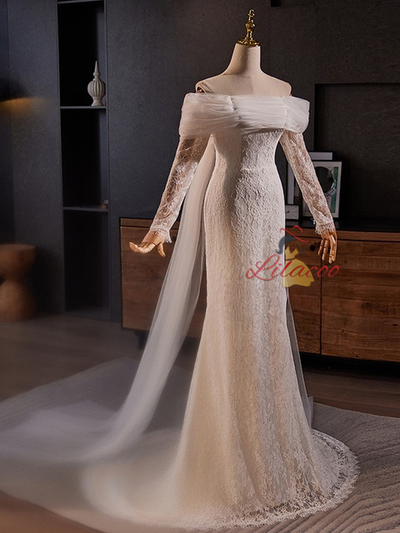 White Mermaid Lace Tulle Pleats Wedding Dress