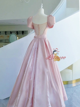 Pink Satin Puff Sleeve Bow Prom Dress