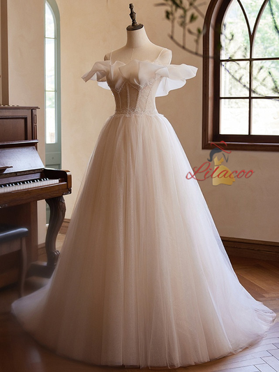 Champagne Tulle Lace Spaghetti Straps Beading Wedding Dress