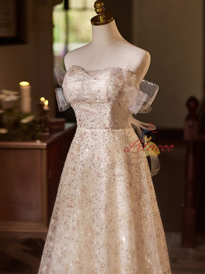 A-Line Champagne Sequins Wedding Dress