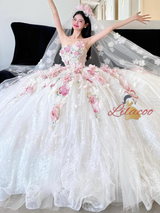 White Tulle Strapless 3D Flower Wedding Dress