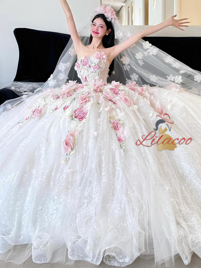 White Tulle Strapless 3D Flower Wedding Dress