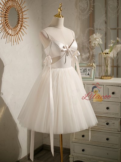 Ivory Tulle Satin Pearls Homecoming Dress