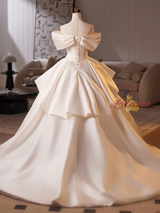 Ivory Satin Off the Shoulder 3D Flower Wedding Dress