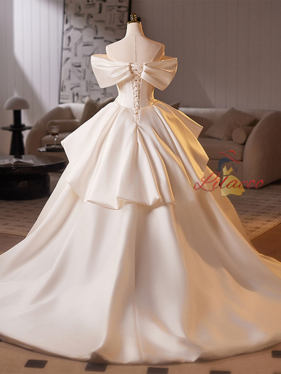 Ivory Satin Off the Shoulder 3D Flower Wedding Dress