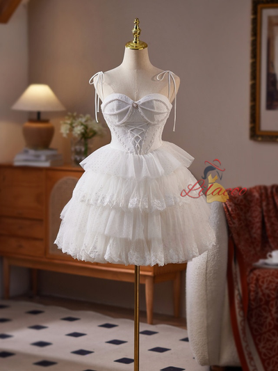 White Tulle Straps Lace Wedding Dress