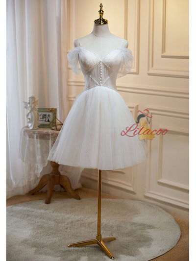 Ivory Tulle Straps Pleats Homecoming Dress