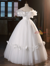 Vintage White Tulle 3D Flower Wedding Dress