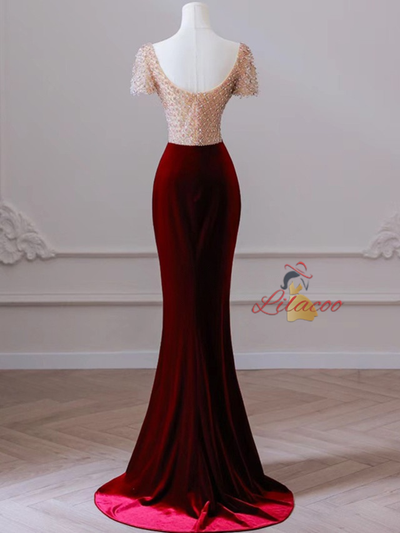 Burgundy Velvet Short Sleeve Beading Prom Dress