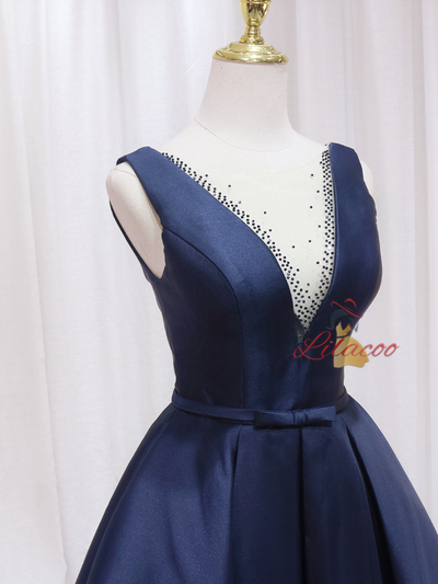 Navy Blue Satin Homecoming Dress