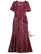 Burgundy Sequins Short Sleeve Mother Of The Bride Dress