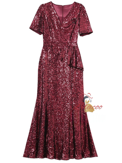 Burgundy Sequins Short Sleeve Mother Of The Bride Dress