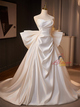 White Satin Strapless Bow Wedding Dress