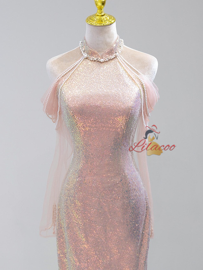 Pink Mermaid Sequins Short Prom Dress