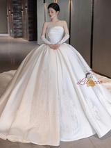 Vintage Ivory Satin Strapless Lace Wedding Dress
