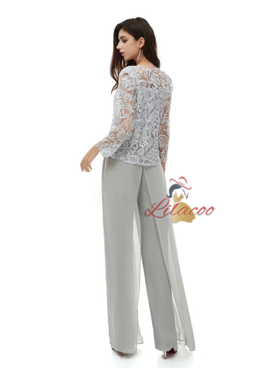 Gray Chiffon Lace 3 Piece Mother Of the Bride Dress