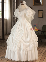 Vintage White Satin Lace Short Sleeve Wedding Dress