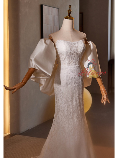 White Mermaid Lace Satin Strapless Wedding Dress