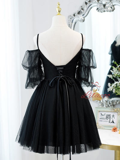 Black Tulle Lace Pleats Homecoming Dress