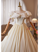 Vintage Champagne Satin Lace Short Sleeve Wedding Dress
