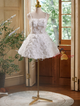 White Lace 3D Flower Homecoming Dress