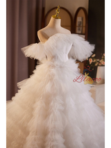 White Ball Gown Tulle Tiers Wedding Dress