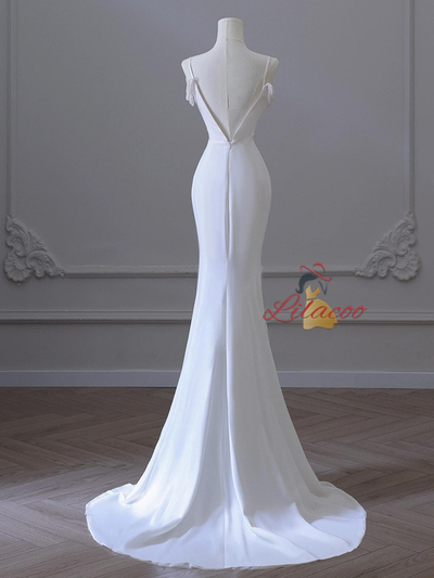 White Mermaid Satin Backless Wedding Dress