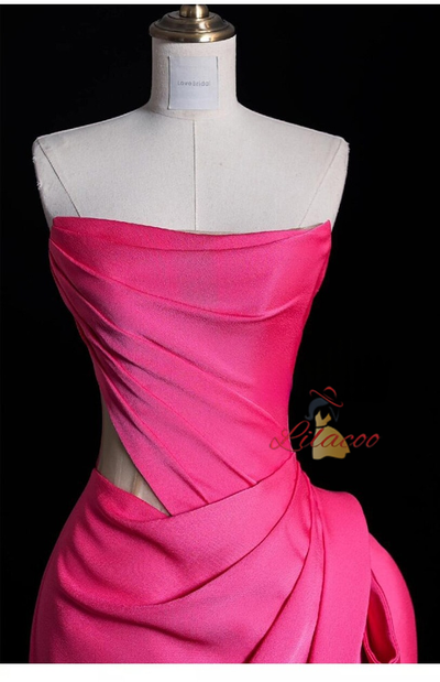 Fuchsia Mermaid Satin Strapless Pleats Prom Dress