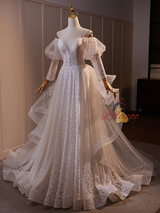 White Lace Tulle Long Sleeve Straps Wedding Dress