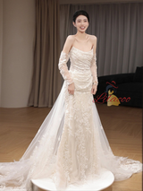 White Mermaid Tulle Lace Strapless Wedding Dress